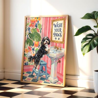 Cavapoo Bathroom Wash Paws Tricolour Dog Wall Art